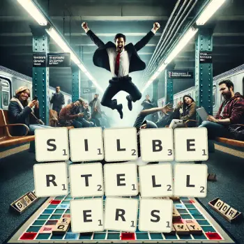 Kreative Illustration für ein Scrabble-Spiel, bei dem das Wort SILBERTELLERS mit Steinen auf dem Brett gelegt wurde.