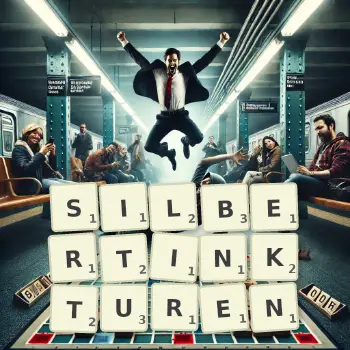 Kreative Illustration für ein Scrabble-Spiel, bei dem das Wort SILBERTINKTUREN mit Steinen auf dem Brett gelegt wurde.