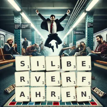 Kreative Illustration für ein Scrabble-Spiel, bei dem das Wort SILBERVERFAHREN mit Steinen auf dem Brett gelegt wurde.