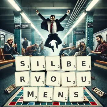 Kreative Illustration für ein Scrabble-Spiel, bei dem das Wort SILBERVOLUMENS mit Steinen auf dem Brett gelegt wurde.