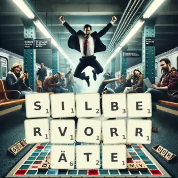 Kreative Illustration für ein Scrabble-Spiel, bei dem das Wort SILBERVORRÄTE mit Steinen auf dem Brett gelegt wurde.