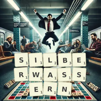 Kreative Illustration für ein Scrabble-Spiel, bei dem das Wort SILBERWASSERN mit Steinen auf dem Brett gelegt wurde.