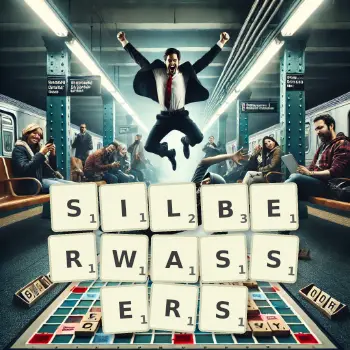 Kreative Illustration für ein Scrabble-Spiel, bei dem das Wort SILBERWASSERS mit Steinen auf dem Brett gelegt wurde.