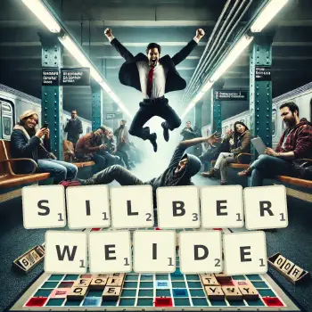 Kreative Illustration für ein Scrabble-Spiel, bei dem das Wort SILBERWEIDE mit Steinen auf dem Brett gelegt wurde.