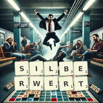 Kreative Illustration für ein Scrabble-Spiel, bei dem das Wort SILBERWERT mit Steinen auf dem Brett gelegt wurde.