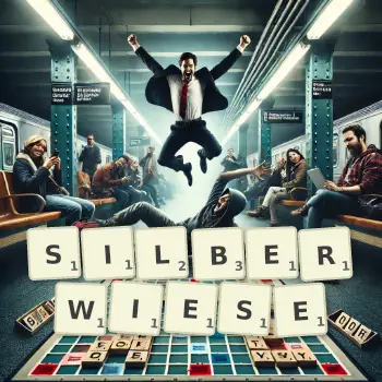 Kreative Illustration für ein Scrabble-Spiel, bei dem das Wort SILBERWIESE mit Steinen auf dem Brett gelegt wurde.