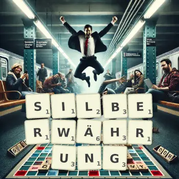 Kreative Illustration für ein Scrabble-Spiel, bei dem das Wort SILBERWÄHRUNG mit Steinen auf dem Brett gelegt wurde.