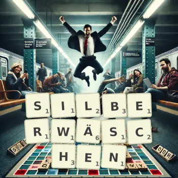 Kreative Illustration für ein Scrabble-Spiel, bei dem das Wort SILBERWÄSCHEN mit Steinen auf dem Brett gelegt wurde.