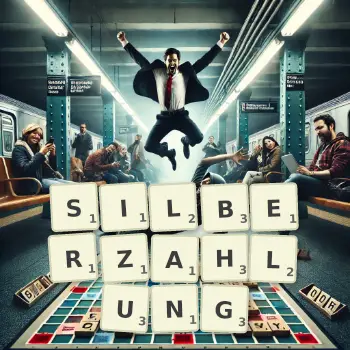 Kreative Illustration für ein Scrabble-Spiel, bei dem das Wort SILBERZAHLUNG mit Steinen auf dem Brett gelegt wurde.