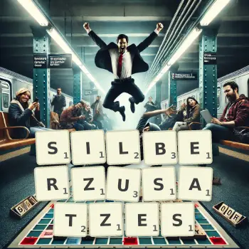 Kreative Illustration für ein Scrabble-Spiel, bei dem das Wort SILBERZUSATZES mit Steinen auf dem Brett gelegt wurde.