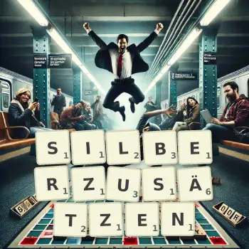 Kreative Illustration für ein Scrabble-Spiel, bei dem das Wort SILBERZUSÄTZEN mit Steinen auf dem Brett gelegt wurde.