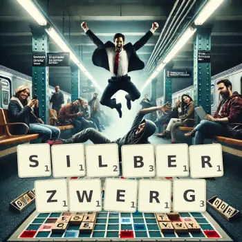 Kreative Illustration für ein Scrabble-Spiel, bei dem das Wort SILBERZWERG mit Steinen auf dem Brett gelegt wurde.