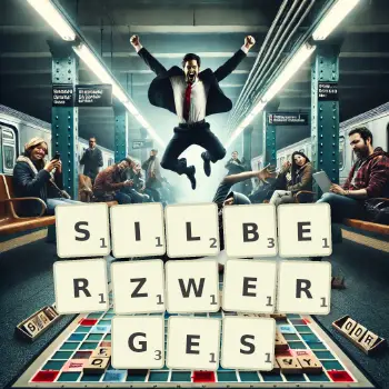 Kreative Illustration für ein Scrabble-Spiel, bei dem das Wort SILBERZWERGES mit Steinen auf dem Brett gelegt wurde.