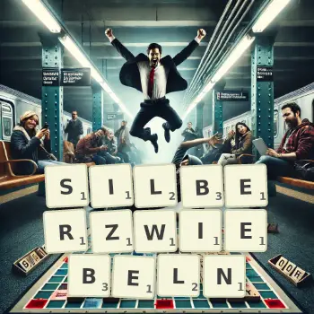 Kreative Illustration für ein Scrabble-Spiel, bei dem das Wort SILBERZWIEBELN mit Steinen auf dem Brett gelegt wurde.
