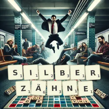 Kreative Illustration für ein Scrabble-Spiel, bei dem das Wort SILBERZÄHNE mit Steinen auf dem Brett gelegt wurde.