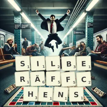 Kreative Illustration für ein Scrabble-Spiel, bei dem das Wort SILBERÄFFCHENS mit Steinen auf dem Brett gelegt wurde.