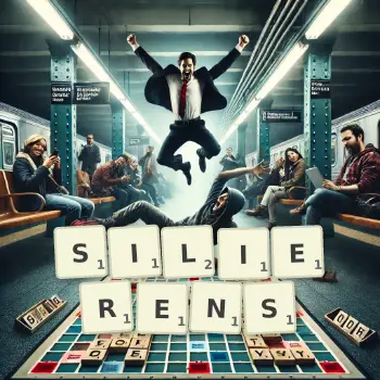 Kreative Illustration für ein Scrabble-Spiel, bei dem das Wort SILIERENS mit Steinen auf dem Brett gelegt wurde.