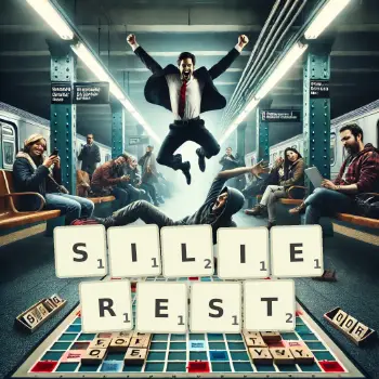 Kreative Illustration für ein Scrabble-Spiel, bei dem das Wort SILIEREST mit Steinen auf dem Brett gelegt wurde.