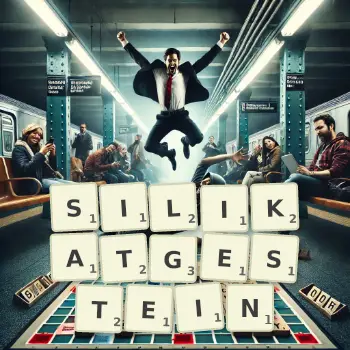 Kreative Illustration für ein Scrabble-Spiel, bei dem das Wort SILIKATGESTEIN mit Steinen auf dem Brett gelegt wurde.