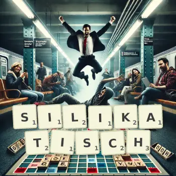 Kreative Illustration für ein Scrabble-Spiel, bei dem das Wort SILIKATISCH mit Steinen auf dem Brett gelegt wurde.