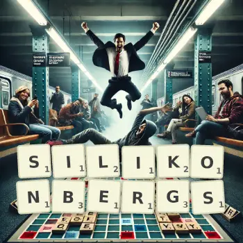 Kreative Illustration für ein Scrabble-Spiel, bei dem das Wort SILIKONBERGS mit Steinen auf dem Brett gelegt wurde.