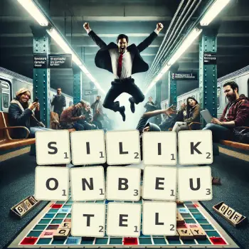 Kreative Illustration für ein Scrabble-Spiel, bei dem das Wort SILIKONBEUTEL mit Steinen auf dem Brett gelegt wurde.