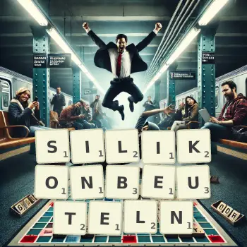 Kreative Illustration für ein Scrabble-Spiel, bei dem das Wort SILIKONBEUTELN mit Steinen auf dem Brett gelegt wurde.