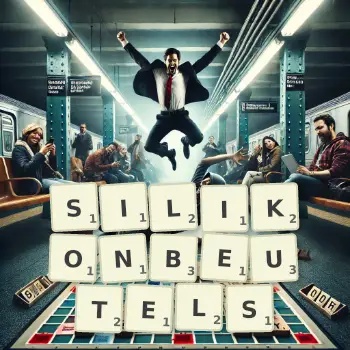 Kreative Illustration für ein Scrabble-Spiel, bei dem das Wort SILIKONBEUTELS mit Steinen auf dem Brett gelegt wurde.