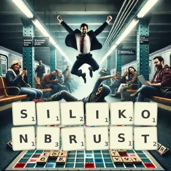 Kreative Illustration für ein Scrabble-Spiel, bei dem das Wort SILIKONBRUST mit Steinen auf dem Brett gelegt wurde.