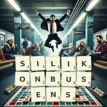 Kreative Illustration für ein Scrabble-Spiel, bei dem das Wort SILIKONBUSENS mit Steinen auf dem Brett gelegt wurde.