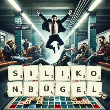 Kreative Illustration für ein Scrabble-Spiel, bei dem das Wort SILIKONBÜGEL mit Steinen auf dem Brett gelegt wurde.