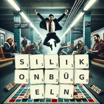 Kreative Illustration für ein Scrabble-Spiel, bei dem das Wort SILIKONBÜGELN mit Steinen auf dem Brett gelegt wurde.
