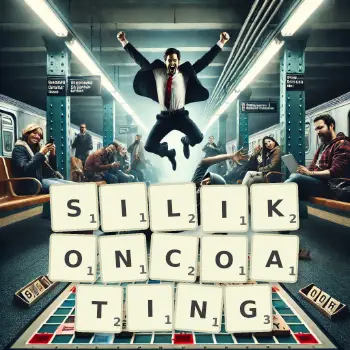 Kreative Illustration für ein Scrabble-Spiel, bei dem das Wort SILIKONCOATING mit Steinen auf dem Brett gelegt wurde.