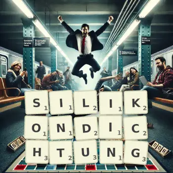 Kreative Illustration für ein Scrabble-Spiel, bei dem das Wort SILIKONDICHTUNG mit Steinen auf dem Brett gelegt wurde.