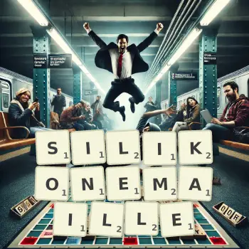 Kreative Illustration für ein Scrabble-Spiel, bei dem das Wort SILIKONEMAILLE mit Steinen auf dem Brett gelegt wurde.