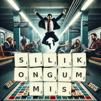 Kreative Illustration für ein Scrabble-Spiel, bei dem das Wort SILIKONGUMMIS mit Steinen auf dem Brett gelegt wurde.