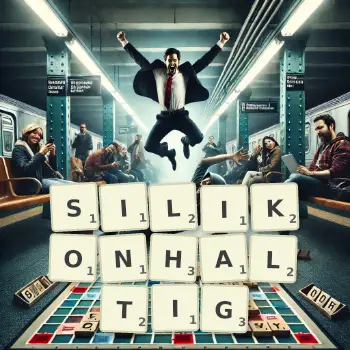 Kreative Illustration für ein Scrabble-Spiel, bei dem das Wort SILIKONHALTIG mit Steinen auf dem Brett gelegt wurde.