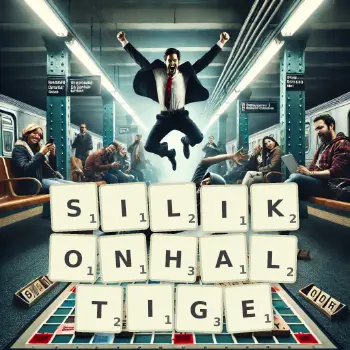 Kreative Illustration für ein Scrabble-Spiel, bei dem das Wort SILIKONHALTIGE mit Steinen auf dem Brett gelegt wurde.