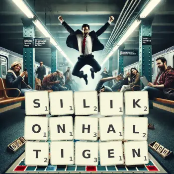 Kreative Illustration für ein Scrabble-Spiel, bei dem das Wort SILIKONHALTIGEN mit Steinen auf dem Brett gelegt wurde.