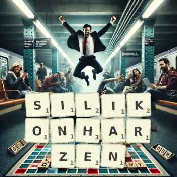 Kreative Illustration für ein Scrabble-Spiel, bei dem das Wort SILIKONHARZEN mit Steinen auf dem Brett gelegt wurde.