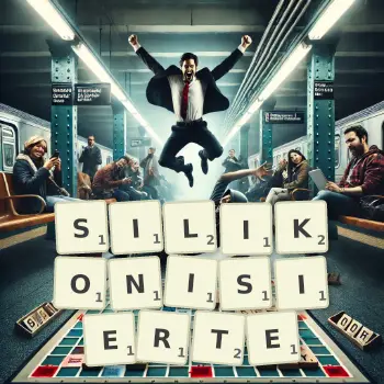 Kreative Illustration für ein Scrabble-Spiel, bei dem das Wort SILIKONISIERTE mit Steinen auf dem Brett gelegt wurde.