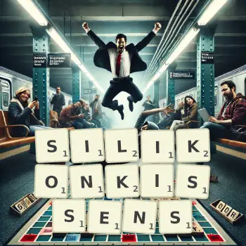 Kreative Illustration für ein Scrabble-Spiel, bei dem das Wort SILIKONKISSENS mit Steinen auf dem Brett gelegt wurde.