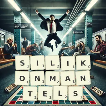 Kreative Illustration für ein Scrabble-Spiel, bei dem das Wort SILIKONMANTELS mit Steinen auf dem Brett gelegt wurde.