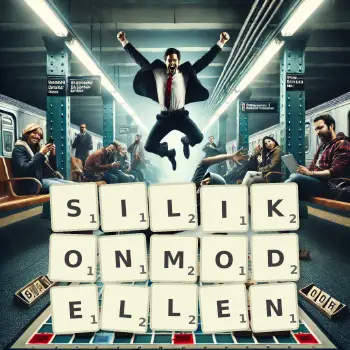 Kreative Illustration für ein Scrabble-Spiel, bei dem das Wort SILIKONMODELLEN mit Steinen auf dem Brett gelegt wurde.