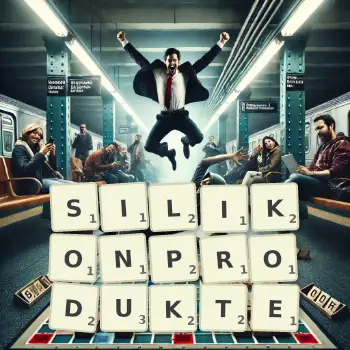 Kreative Illustration für ein Scrabble-Spiel, bei dem das Wort SILIKONPRODUKTE mit Steinen auf dem Brett gelegt wurde.