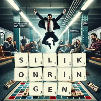 Kreative Illustration für ein Scrabble-Spiel, bei dem das Wort SILIKONRINGEN mit Steinen auf dem Brett gelegt wurde.