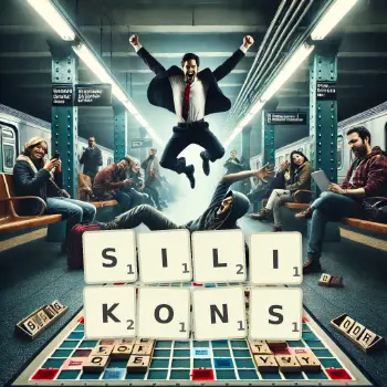 Kreative Illustration für ein Scrabble-Spiel, bei dem das Wort SILIKONS mit Steinen auf dem Brett gelegt wurde.