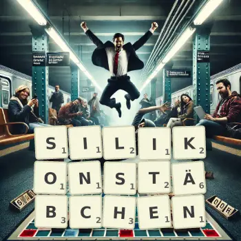 Kreative Illustration für ein Scrabble-Spiel, bei dem das Wort SILIKONSTÄBCHEN mit Steinen auf dem Brett gelegt wurde.