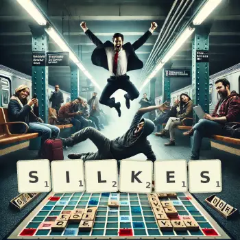 Kreative Illustration für ein Scrabble-Spiel, bei dem das Wort SILKES mit Steinen auf dem Brett gelegt wurde.