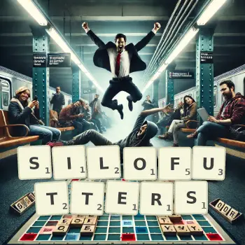 Kreative Illustration für ein Scrabble-Spiel, bei dem das Wort SILOFUTTERS mit Steinen auf dem Brett gelegt wurde.